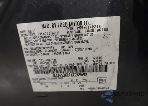 2019 Ford Ecosport Titanium z USA, uszkodzony, nr VIN MAJ6S3KL1KC289698